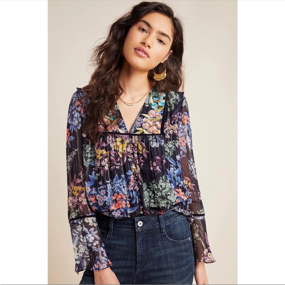 Anthropologie Vineet Bahl Vivienne floral embroidered blouse sz sm